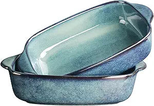 12.4 x 8.1-inch baking pan, 47.3 ounces, rectangular baking pan, ceramic baking pan, cake pan with handle, suitable for lasagna, roasting vegetables/meats, kitchen, dining room, hazy green.