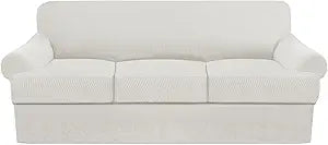 Premium T-Cushion Sofa Slipcover  4-Piece Set for T-Cushion Couches (Fits 72"-90")  Soft, Washable Furniture Protector with 3 T-Shaped Seat Covers (White, Sofa)
