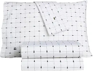 Lacoste Slice 100% Cotton Percale Sheet Set  Cool Crisp Breathable All-Season Bedding, Durable Matte Finish, Oeko-Tex Certified  Printed Design, Navy, Queen
