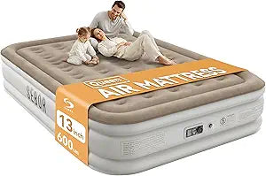 Sebor Air Mattress with Built-in Pump, Comfortable Self-Inflating Air Mattress with High-Speed Pump, Durable Blow Up Mattress Twin with Storage Bag for Guests, Camping (Khaki White, 13" Queen)