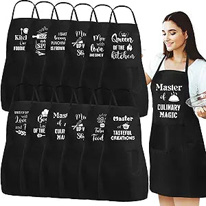 Sliner 12 Pcs Funny Cooking Aprons for Women with Pockets Bulk Birthday Gifts Kitchen Baking Cooking Cute Aprons Women Men Novelty Funny Quotes Adjustable Black Pocket