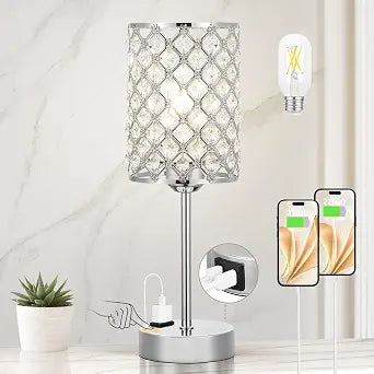 Sliver Crystal Table Lamp with Touch Control, Bedside Lamp for Nightstand