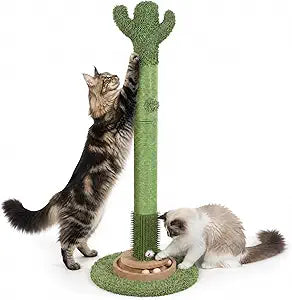 41.5" Cactus Cat Scratching Post, Heavy Duty Sisal Scratcher with Interactive Ball & Grooming Brush, Stable Anti-Tip Cat Tree for Indoor Cats & Large Cats