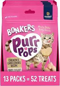 Bonkers Purrpops Freeze-Dried Chicken Liver Flavored Lollipop Treats for Cats, 4 Pieces (Pack of 13)
