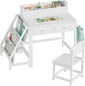 White Kids Desk and Chair Set for 5-8 Year Old Girls Boys, Small Child Desk with Bookshelf, Children Study Table with Fabric Drawer and Storage