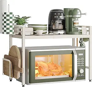 NETEL Expandable Microwave Stand,2 Tier Metal Kitchen Countertop Organizer Shelves with Paper Towel and Chopping Board Holder,Microwave Shelf,Microwave Oven Rack,55lbs Weight Capacity,White