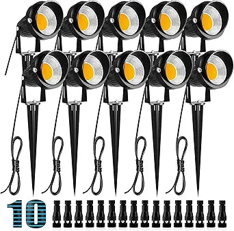ZUCKEO 10W Low Voltage Landscape Lights LED Landscape Lighting with Connectors 12V Waterproof Outdoor Landscape Spotlights Floor Yard Lawn Best Garden Lights 1000LM Warm White (10Pack with Connector)