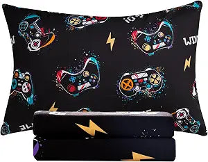 Twin Sheets Set for Boys Kids - 3-Piece Cute Gamer Bedding Set, Breathable Black Video Game 3D Fitted Sheets with 14" Deep Pocket, Ultra-Soft Lightweight Bedroom Essentials