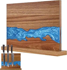 Magnetic Knife Block | Double Sided Magnetic Knife Holder | Acacia Wood Magnetic Knife Rack | Magnetic Knife Storage Stand for Kitchen Counter, Blue Resin River, 12.599.84IN (No Knife)
