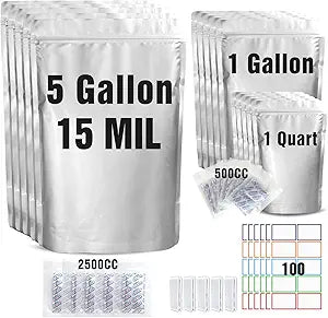 15 Mil 5 Gallon Mylar Bags for Food Storage with 2500cc Oxygen Absorbers - 55 Pack Mylar Bags Include 5 Gallon, 1 Gallon,1 Quart, 100 Pcs Labels and 500cc Oxygen Absorbers for Long Term Food Storage