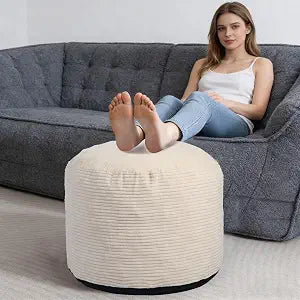 Round Pouf Ottoman Foot Rest with Foam Chunk Filling, Corduroy Ottomans for Living Room Floor Poufs (20"x15",Beige)
