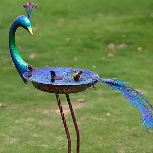 HLQMFHT 12.8" W*38.2" H Peacock Bird Baths for Outdoor, Metal Bird Feeder Seed Trayr,Bird Bath Drinker Plate, Garden Lawn Yard Decor(Multicolor)