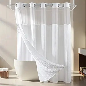 River Dream White Fabric Shower Curtain Set, Cotton Blend, Waffle Weave, with Snap in Replacement Liner71 x 74 inches