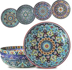 glowworm Pasta Bowls Set of 4, 42 oz Ceramic Salad Bowls for Kitchen, 9.7 Inch Colorful Serving Bowls for Soup, Dinner, Fruit, Dishwasher & Microwave Safe, Bohemian