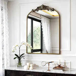 Dewfig Antique Arched Wall Mirror, 22"x30" Vintage Bronze Bathroom Mirror - Baroque Metal Frame Brass Mirror for Living Room, Bathroom, Fireplace, Entryway, Bronze