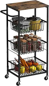 Kitchen Cart with Drawers on Wheels, Industrial Rolling Utility Cart Organizer with Wooden Top & Lockable Wheels, 4 Tier Metal Fruit Vegetable Storage Rack for Jars Drinks Office Bath Supplies, Black