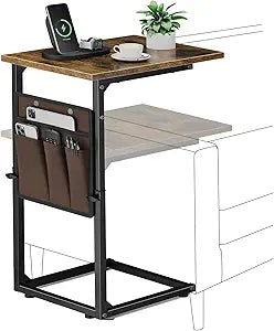 Vagusicc C-Shaped End Table, Small Side Table for Couch, Sofa Table Adjustable Height End Tables Living Room, Bedside Slide Under Couch Table for Sofa, TV Tray Table with Metal Frame for Bedroom,Brown