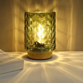 LUSHARBOR Battery Operated Table Lamp, Small Green Glass Lamp Bedside Decor Ambient, Cordless Table Lamp for Bookshelf Desk Living Room Entryway Dorm Wave Design-Green