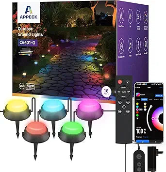 APPECK Smart Outdoor Ground Lights 16 Pack, 50FT RGBW Color Changing Pathway Lights Wired, IP65 Waterproof Landscape Lights, for Garden Yard Lawn Walkway Holiday Party Decor, Compatible with Alexa