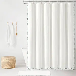 Lush Decor Coastal Chic Scallop Edge Linen-Textured Shower Curtain, Single 72" W x 72" L, Blue & White - Scalloped Shower Curtains - Coastal Bathroom Curtain