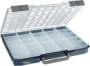 Raaco CarryLite Slim Small Parts Organizer Box  2.3 Inch Height  25 Inserts  Anti-Mix U-Profile Lid for Screws, Bolts & Nuts  Secure Sliding Lock  Portable Hardware & Tool Storage (CarryLite 55)
