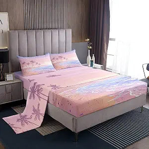 Homewish Pink Beach Sheet Set Twin Size,Coconut Tree Bedding Set 3Pcs for Kids Boys Girls Teens Bedroom Decor,Ramantic Hawaii Sea Style Bed Sheet Sweet Summer Ocean Top Flat Sheet,1 Pillowcase