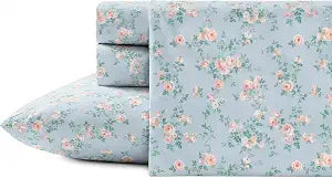 Ivellow Light Blue Queen Sheet Set - 4pc Pastel Floral Rose Cottage Bedding
