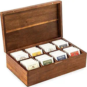 Acacia Wood Tea Bag Organizer with Compartments, Tea packet Storage Boxes & Display Caddy, Multi-Slot Teabag Holder Container Chest for Countertop, Organizador de T