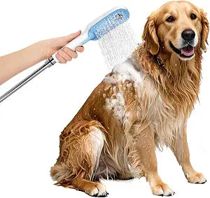 Dog Shower Attachment with 4 Adjustable Spray Patterns, Pet Shower Attachment Hose for Easy Installation, Dog Shower Brush for Bathing and Grooming, Indoor/Outdoor UseBlue/White