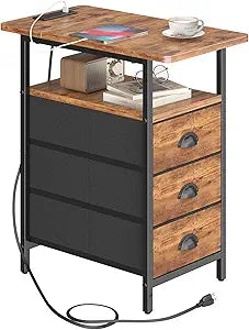 sthmec End Table with Charging Station, Side Tables Livingroom with USB Ports and Outlets,Narrow Nightstands Bedside Tables with 3 Drawers for Small Space,Slim Sofa Table Bedroom,Rustic Brown
