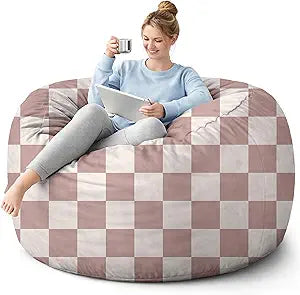 Bean Bag Chair Cover (No Filler) Dutch Velvet Comfy Bean Bag Cover Washable, 6FT Big Giant Bean Bag Cover for Adults Kids Teens, Stuffed Animal Storage for Bedroom Living Room, Pink Plaid