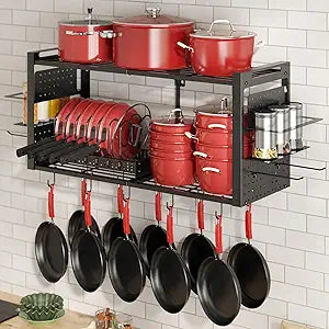 31 Inch Pot Rack Wall Mounted3 in 1 Pots and Pans Organizer with 2 tier Kitchen Racks & Pot Lid Organizer Holder and 20 Hooks,Heavy Duty Hanging Pot Hanger for Kitchen Cookware, Utensils, Black