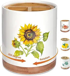 HAPPY KIT 7.6 Extra Large Kitchen Utensil Holder, 360 Rotating Utensil Holder for Kitchen Counter with 3 Removable Compartment, Housewarming Gift & Farmhouse Decor(Sunflower)