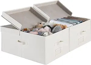 StorageWorks Extra Large Storage Bins with Lids, 55L Decorative Storage Bins with Double-Open Lid and Divider Board, Fabric Bins with Handles, Mixing of Beige, White & Ivory, 2-Pack