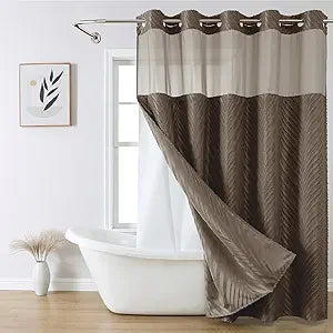 eachope no Hook Shower Curtain and Fabric Liner SetThanksgiving Autumn Shower Curtain, Boho Tufted Striped Style with See Through Top Window, Brown, 71Wx74H