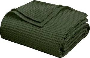 100% Egyptian Cotton Waffle Weave Throw Blanket for Bed Couch Sofa Home Decor, Soft Lightweight Bed & Couch Blanket for All Seasons (Olive Green - Queen Size - 90 * 90")