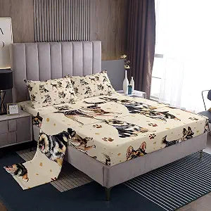 Manfei Cute German Shepherd Dog Kids Sheet Full Size,Lovely Dog Paws Print Bedding Set,Boys Girls Room Decor,Cartoon Puppy Animal Pet Brown Beige Bed Sheet Set 4pcs(Fitted + Flat + 2 Pillowcases)