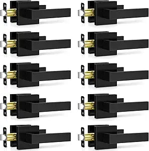 Plustool 10 Pack Matte Black Door Handles Interior, Passage Door Knobs Closet Door Levers for Hallway, Heavy Duty Square Doorknob Non-Locking Handlesets for Left & Right Sided Doors