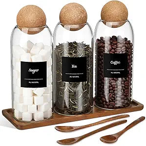 Suclain 3 Pcs Glass Coffee Storage Jar with Ball Cork Lid Wooden Spoon Shelf Labels Airtight Round Bottle Jar Food Storage Canister Set for Sugar Spice Coffee Bean Holder Candy Gift(27oz)