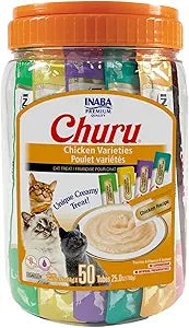 INABA Churu Cat Treats, Lickable, Squeezable Creamy Pure Cat Treat with Green Tea Extract & Taurine, 0.5 Ounces Each Tube, 50 Tubes, Chicken Variety