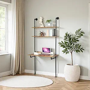 ZIOTHUM Wall Mounted Desk with Shelves, Industrial Ladder Style Floating Desk for Small Spaces, Computer Table with Storage Shelves, Rustic Pipe Bookcase for Bedroom(36x20x81in)