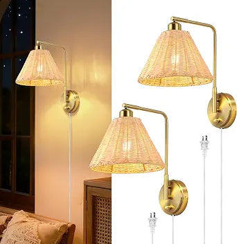 Plug in Rattan Wall Sconce Set of 2, Boho Woven Brown Wall Lamps with Gold Arm, Dimmable Switch Light Fixture, Rustic Plug-in Wall Decor Lighting for Bedroom, Living Room, Hallway, Room Lights
