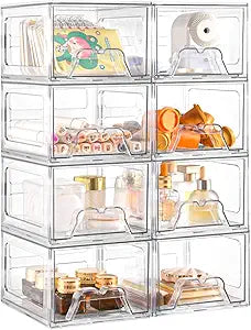 Plastic Drawers Storage, 8 Pack Clear Stackable Storage Drawers, Acrylic Storage Bins with Drawers for Fridge Organizers, Small PlasticDrawers Stackable for Makeup Organizers Cosmetic Display
