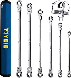 YIYEIE 6 Pcs Extra Long Flex Head Ratcheting Wrench Set, Metric Long Wrench 8mm - 19mm, 72-Tooth Double Box End Wrenches, Chrome Vanadium Steel with Mirror Polish Finish, Rolling Pouch
