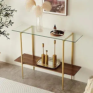 LumFurn Glass Console Table for Living Room, Foyer & Entrance, 2-Tiers Mid-Century Modern Sofa Table with Clear Glass Top, Walnut Finish Wood Top and Gold Finish Metal Frame