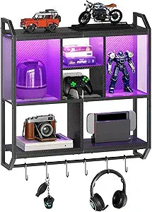 HOOBRO Gaming Floating Shelves with LED Lights, 28.7" LED Wall Mounted Shelf, 3-Tier Display Rack for Wall Storage, Floating Rack with Hanging Rod and 6 S-Hooks, for Gaming Room, Black BB70DBJ01