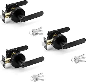 3 Packs Entry Door Lever Lock with Same Keys,Round Keyed Alike Interior Door Handle, Heavy Duty Reversible Doorknob for Right & Left Side, for Entrance Front Door & Bedrooms,Matte Black