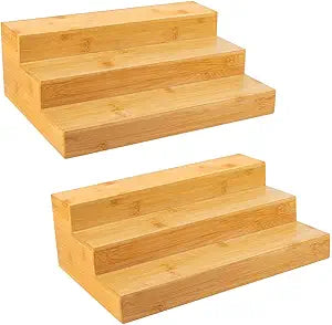 Bamboo Spice Rack Organizer for Cabinet 2 Pack - 3 Tier Countertop Step Shelf, Seasoning Storage Stand for Kitchen Pantry, Spice Holder for Jars Bottles Cans (Natural)