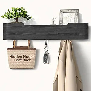Coat Rack Wall Mount with Shelf 5 Hidden Hooks Modern Wooden Key Holder Entryway Organizer for Hallway Bedroom Bathroom Home Decor Storage for Hanging Coats Hats Bags Towels, Black