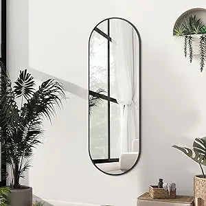Niccy 48"16" Oval Full Length Mirror, Long Oval Mirror with Unique Metal Frame Large Explosion-Proof Hanging Mirror for Living Room, Decorative Vanity Mirror for Bathroom, Bedroom, Black
